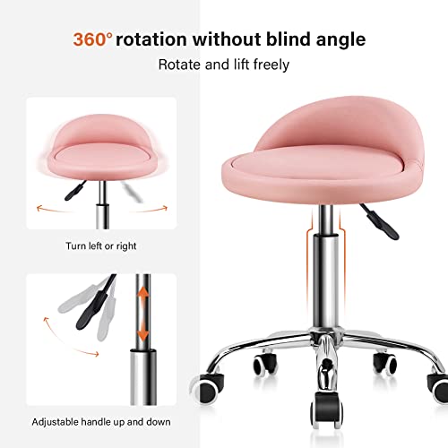 image for KKTONER PU Leather Round Rolling Stool with Back Rest Height Adjustabl