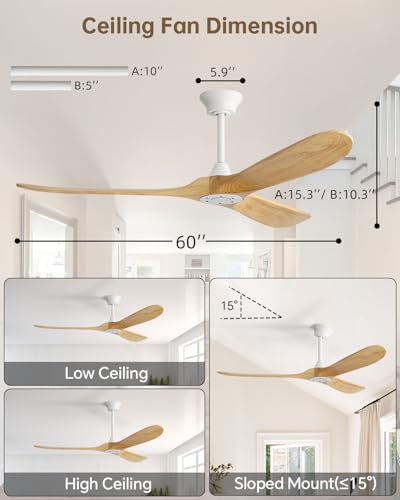 Image of Sofucor 60 Inch Smart Wood Ceiling Fan No Light, Alexa /App /Remote Control