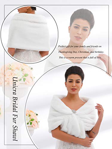 Aukmla Women's Wedding Faux Fur Shawls and Wraps Bridal Fur Scarf Stoles with Rhinestones Brooch for Bride and Bridesmaids4