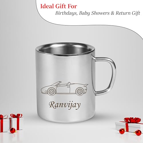 Image of SAVRI Personalized Stainless Steel Mug for Kids with Customized Name Engraved & Cartoon Design | 220 ml Double Wall Insulated Mug for School, Milk, Juice & Water (Car)