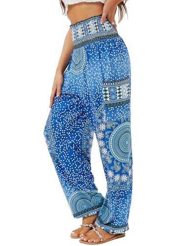 QIANXIZHAN Women's Harem Pants, High Waist Yoga Boho Trousers with Pockets Circle Blue S