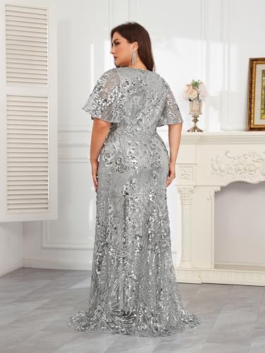 Image of Plus Size Glamous Short Sleeves Womens Sequin Dress Formal Gowns Evening Glitter Mermaid Prom Dress