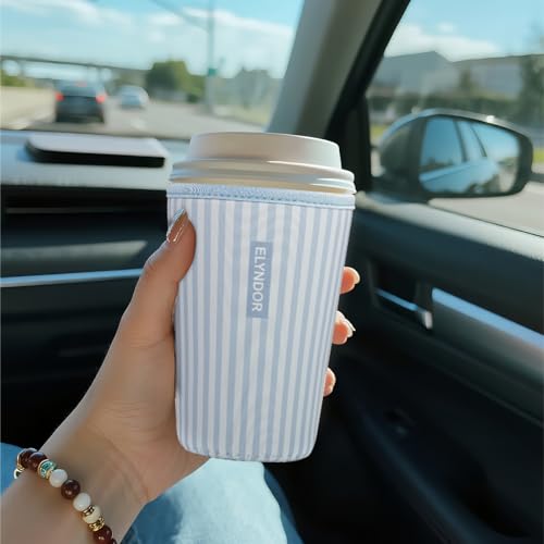 Image of Reusable Insulated Sleeve for Iced Coffee Cup, Coffee Neoprene Sleeve for Cold & Hot Drinks, Beverage Holder for Iced Coffee (Blue Stripes, Medium: 22-24oz)