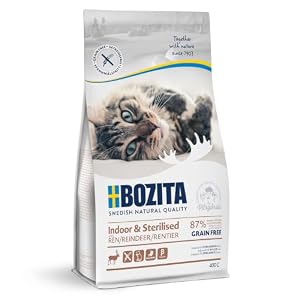 Bozita Indoor & Sterilised Katzentrockenfutter mit Rentier – 400g – getreidefreies Katzenfutter für sterilisierte Wohnungskatzen – 33 % Protein, 14 % Fett – gentechnikfrei, Alleinfuttermittel