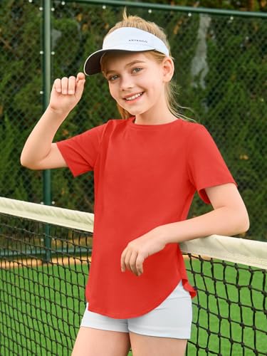 Image of Haloumoning Girls Summer Short Sleeve Shirt Kids Crewneck Curve Hem Soft Tunic Tops T-Shirts 5-14 Years