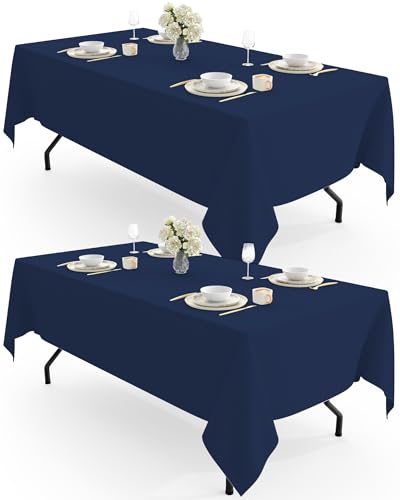 Image of Pureegg Rectangle Table Cloth 60 inch x 102 inch - Durable Polyester Tablecloth Offers Reusable & Washable Protection, Ideal for Outdoor Party, Picnic, Wedding, Banquet and Birthday, 2 Pack, Navy Blue