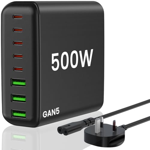 500W USB C Charger Block, GaN 5 USB C Charging 8-Port QC4.0 Fast Charging Station Charger Adapter Compatible with MacBookPro/Air, DELL, iPad, Portable Charging Station for iPhone