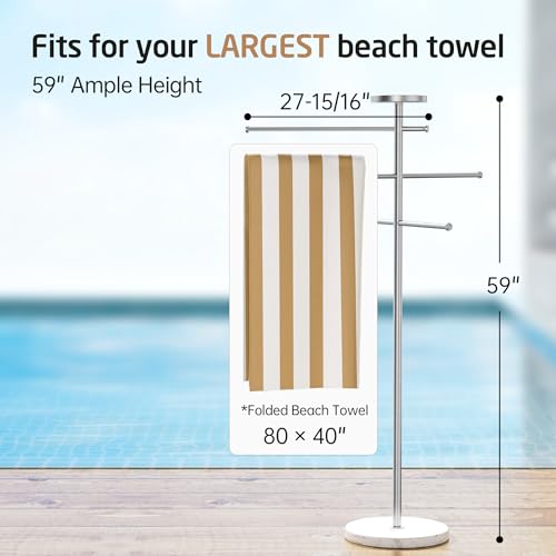 Natural Marble Outdoor Towel Rack with Weighted Base, KES 5-Feet Pool Towel Rack Outdoor for Hot Tub 18/8 Stainless Steel, Adjustable 3 Arms with Storage Tray, Brushed Finish OTR200-2