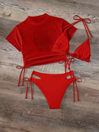 Image of Sexybody Women's 3 Piece Swimsuit Halter String Bikini Tie Side Mesh Short Sleeve Bathing Suits