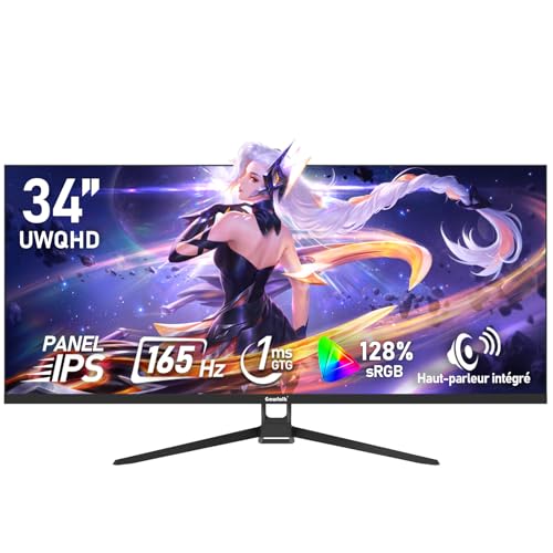 Gawfolk Écran PC IPS Ultra-Large de 34 Pouces,Moniteurs de Jeu 165Hz, 21:9 UWQHD (3440x1440), Adaptive Sync, 128% sRGB, Haut-Parleur intégré,DisplayPort,...