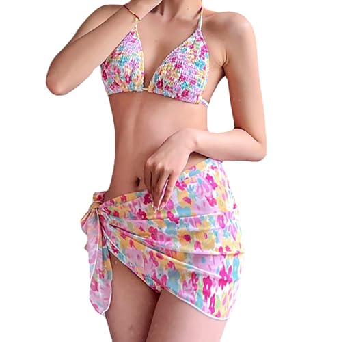 [Ｗｚｈｉｍｉｎｇ] レディース 水着 三角ビキニ 3点セット 花柄 水着 ビキニセット 可愛い水着 女性 上品 可愛い プール 海水浴 温泉 水泳 (L, ピンク)のサムネイル