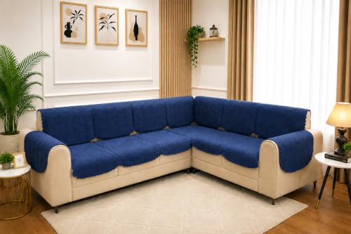 Image of 7 Seater L-Shape Sofa Cover with Arm Covers, Quilted Texture, Sectional Couch Protector for Living Room-Pack of 15 (Navy)