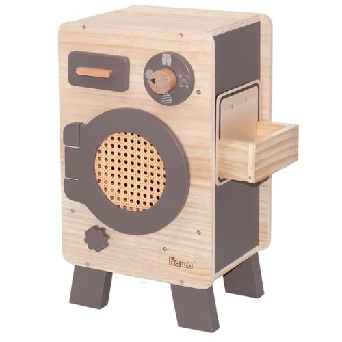 howa Kinderwaschmaschine aus Holz - Spielzeug Waschmaschine mit drehbarer Trommel, Regler mit Klickgeräusch, Waschmittelfach, Utensilienhalter, Natur-Taupe 4826