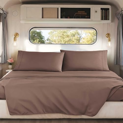 Image of Nestl Chocolate Brown Short Queen Sheets for RV, Hotel Luxury RV Queen Sheets Set, 4 Piece Fitted Bed Sheet Set and Pillowcases, Super Soft, Wrinkle-Free, and Breathable Camper Bedding