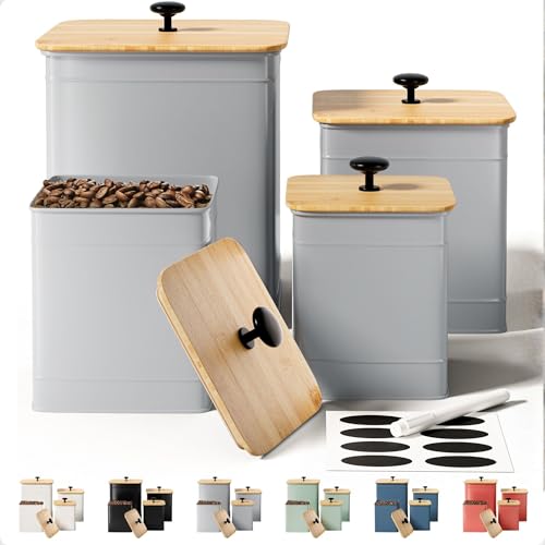 Kitchen Canisters for Countertop Set of 4 with Customizable Chalkboard Labels & Marker Pen - Big Iron Kitchen Canisters with Airtight Lids - Gray Canister Set - Flour and Sugar Containers Farmhouse