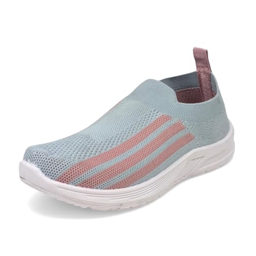 Image of Ovee Women's Slip-On Knit Sneakers | Lightweight and Comfortable Light Blue and Pink Running Shoes | Breathable Sweat-Resistant Anti-Skid Sports Footwear for Gym & Jogging