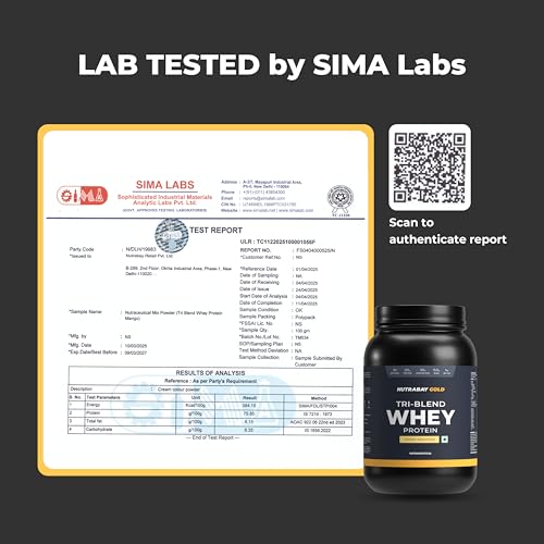 Image of Nutrabay Gold Tri Blend Whey Protein Powder - 1kg, Mango Milkshake | 25g Protein, 5.5g BCAA | Concentrate, Isolate, Hydrolyzed Protein | Muscle Growth & Recovery | Gym Supplement for Men & Women