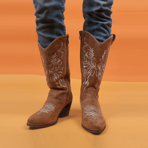 Cowboy Boots for Women Classic Embroidered Pointy Toe Cowgirl Boot, Western Mid Calf Side Zipper Chunky Heel Cowgirl Boots2