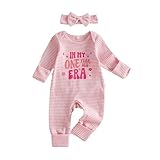 Carolilly Baby Girl First Birthday Outfits Letter Print Striped Ribbed Long Sleeve Romper Newborn Girls Jumpsuits and Bow Headband Toddler Clothes Birthday Gift (Pink, 12-18 Months)