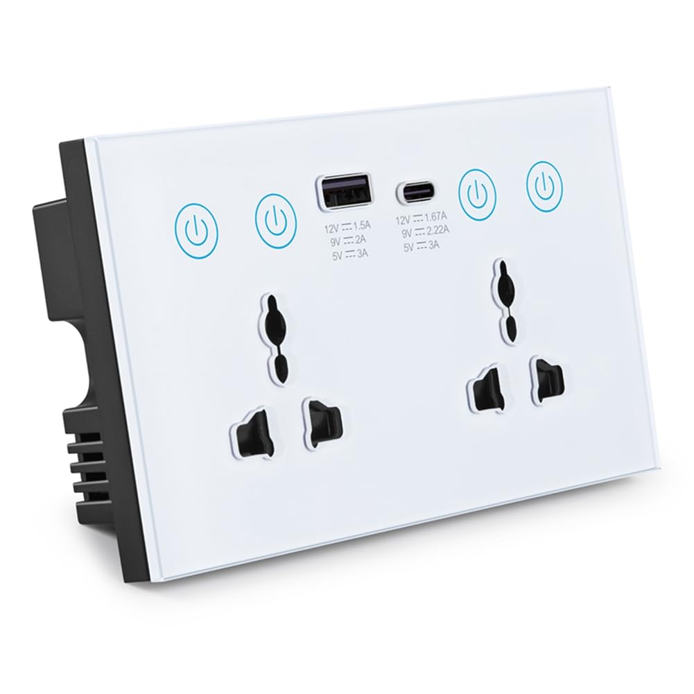 Prise Universelle UE UK US Tuya WiFi Blanche avec Interrupteur Intelligent et Port USB et Type-C Smart Life