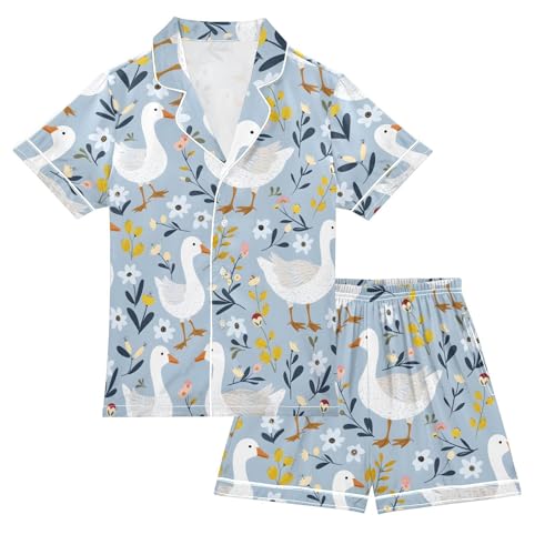 ALAZA Duck Leaf Blossom Flower Satin Pajamas Set Short Sleeve Button Down Sleepwear Summer Pjs 2 Piece