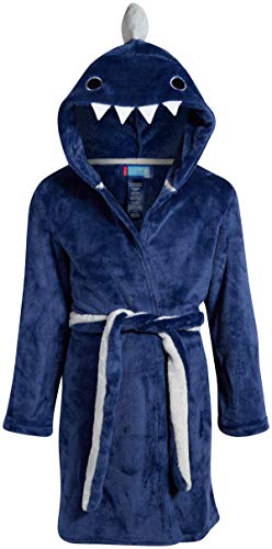 Only Boys Plush Solid Fleece Robe with Character Hood, Blue Shark, Size Large