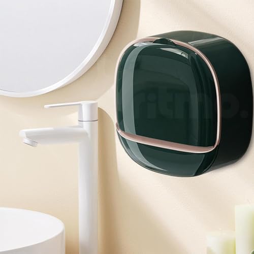 Image of Ritmo Soap Dish - Space Saving Waterproof Wall Mounted Box for Shower With Drain and Flip Lid (Dark Green)