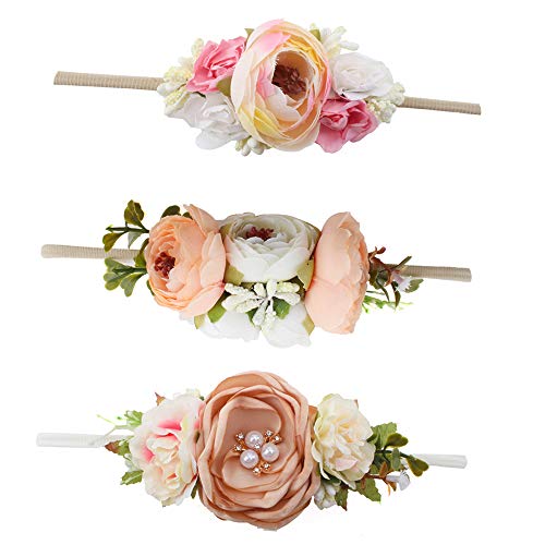 DELEBAO Baby Girl Floral Headband Newborn Infant Toddler Flower Crown Wreath Hair Accessories Pack of 3