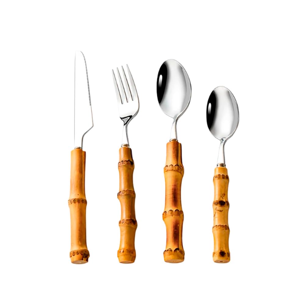 EME Set Cubertería Dorada 24 piezas con Mango de Bambú Natural. Incluye: 6 Cuchillo de mesa, 6 Cuchara de mesa, 6 Tenedor de mesa y 6 Cuchara de café postre.