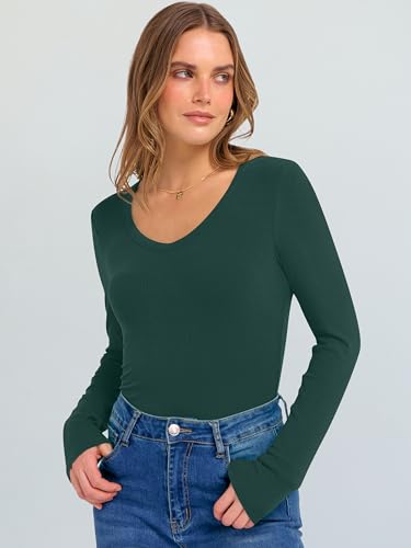 Image of ANRABESS Long Sleeve V Neck Shirts for Women | Soft Comfy Ribbed Knit Fitted Tshirts, Casual Going Out Tops, 2026 Trendy Basic, Fall Winter Underscrub Layering Clothes