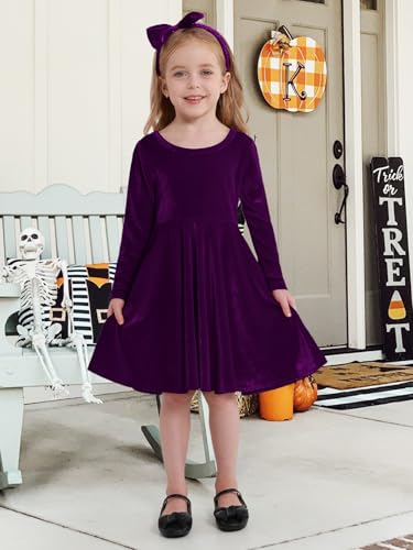 Toddler Girl Fall Winter Clothes Velvet Long Sleeve Swing Twirl Skater Dress with Hairband Baby Christmas Outfit 2-7Y2