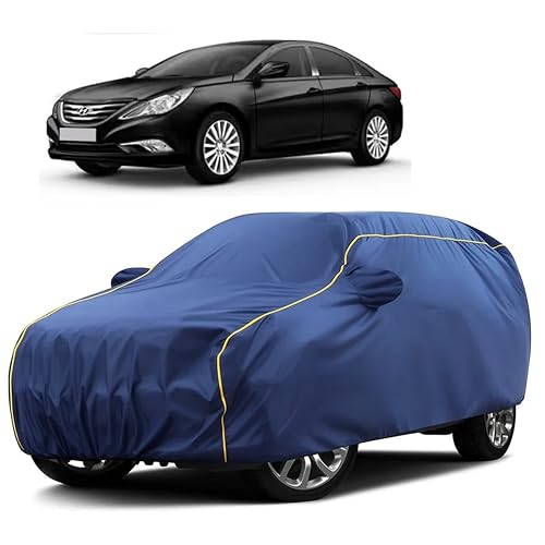 Image of Sulfar 100% Water Resistant Car Body Cover Compatible with Mirror for Hyundai Sonata Transform (Triple Stitched, Full Bottom Elastic, Blue Taffeta with Yellow Piping)