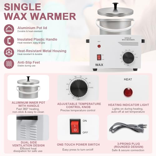 Image of Podoy Wax Warmer for Hair Removal, Professional Single Wax Warmer Pot Melter Heater with Adjustable Temperature Set, Home Spa & Salon Electric Waxing Machine with 200pcs Sticks