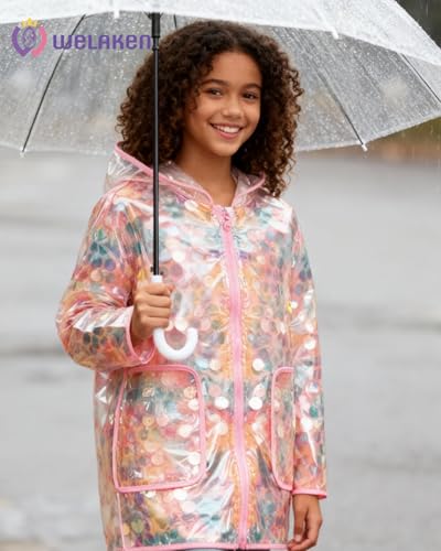 Image of WELAKEN Girls Sequin Raincoat Waterproof Reusable Hooded Outwear Rain Jacket with Lining,rainbow,6-7Y