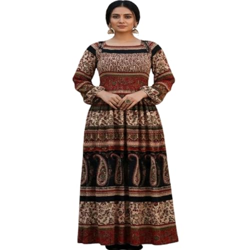 Image of Women's Cotton Dress Jaipuri Sanganeri Print Midi Long Dress Printed Fit and Flare Maxi Dress A-Line Gown Dress Maxi Skirt, Mandala (Free Size)