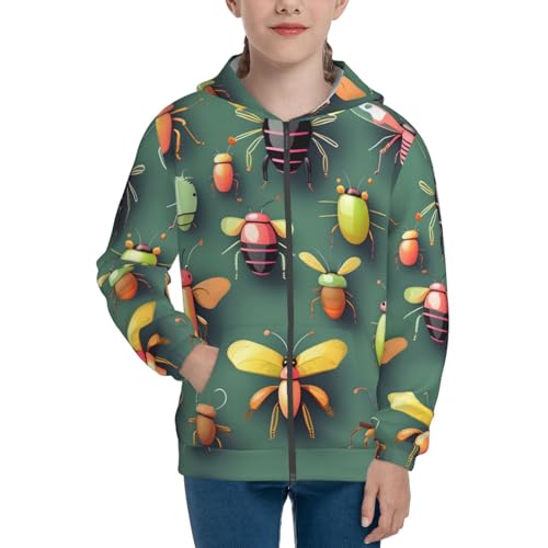 Insect Atlas Print Girls Athletic Zip Up Hoodies,Sweatshirts with Pockets Long Sleeve Hooded Jackets, for 7-18 Y2