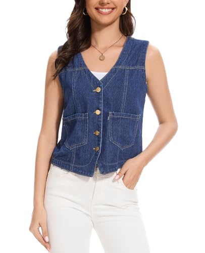 MINTLIMIT Women's Cropped Denim Vest Top 2025 Y2K Casual V Neck Button Down Sleeveless Waistcoat Jean Jacket4
