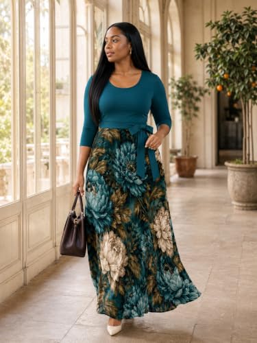 Image of PinkPatty Women's Plus Size V Neck 3 /4 Sleeve Boho Maxi Dress with Pockets