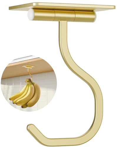 bussdis Banana Hook Under Cabinet - Adhesive Banana Hanger Under Counter, Metal Banana Holder Stand for Hanging Bananas or Kitchen Utensil, Keeps Bananas Fresh, Gold, 1 Pack