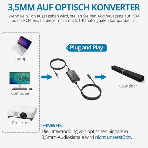 Image of AUTOUTLET 3.5mm to Optical Converter, 48Khz Audio Sample Rate, Supports Uncompressed 2-Way PCM Digital Audio Signal Output, Built-in 1.2m 3.5mm Cable, Suitable for Laptop, Computer, Projector, etc