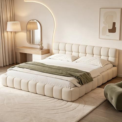 Lit Double Rembourré 140x200 cm, Lit Bubble avec Sommier à Lattes, Lits 2 Personnes Capitonne avec Tête de Lits, Cadre de Lit pour Adulte Chambre à Coucher...