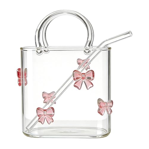 Monedero de vidrio para bebidas, copas de vino de 720 ml de grosor con popote y asa, bonitas copas de cóctel con forma de bolso, vaso creativo para jugo de frutas, té, flores