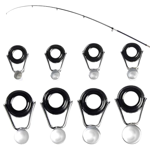 Juego de 8 anillos para cañas de pescar, puntas de acero inoxidable de 4,2-7,5 mm, aptas para pescadores de agua dulce/salada, kit de reparación de cañas de pescar (8 tamaños).
