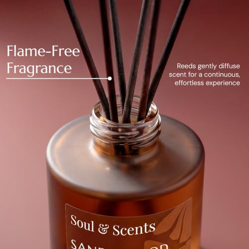 Image of Soul & Scents 50ml Sandalwood Reed Diffuser Set | Warm Woody Aroma of Creamy Sandalwood & Cedar | Get 5 Rattan Reed Sticks | Smoke Less Room Freshener for Home, Bedroom, Living Room & Office
