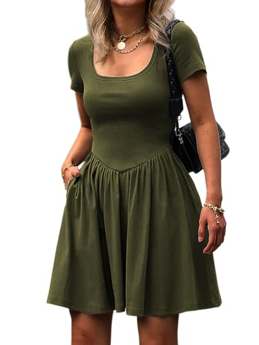 Image of Mieazom Women's Summer Casual Short Sleeve Mini Dress Square Neck A Line Pleated Swing Dresses Basic Short Dress with Pockets