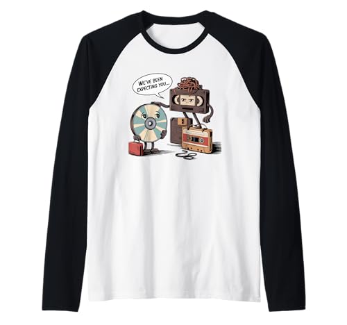 Funny Retro Tech, supporto obsoleto, cassetta CD, VHS Maglia con Maniche Raglan