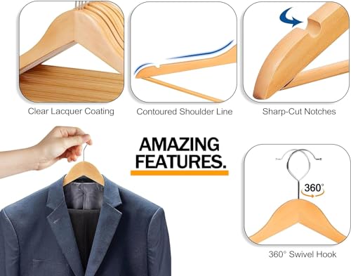 Image of WHISKET - Solid Wood Coat Hanger Heavy Duty, Smooth Finish Bulk Wood Hangers, Wooden Clothes Hanger with Non Slip Pant Bar, 360 Swivel Hook. (10)