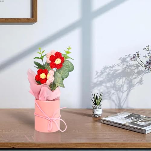 Image of Cortina Plastic Handmade Crochet Artificial Flowers with Light|Aesthetic Room Decor, Living & Bedroom Decor|Artificial Flower Wall Decor|Great for Gifting - Pink and Yellow - 8.12x6.35x19.8 CM