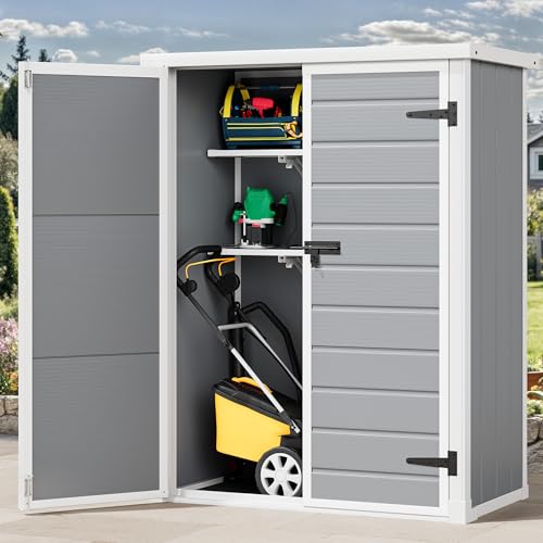Image of DWVO 50 Cuft Outdoor Tall Storage Shed with 2 Shelves, 4.3x2x5.5ft Vertical Tool Shed with Floor & Lockable Doors, Sturdy Double-Wall Plastic Cabinet for Garbage Cans and Garden Equipment (Gray)