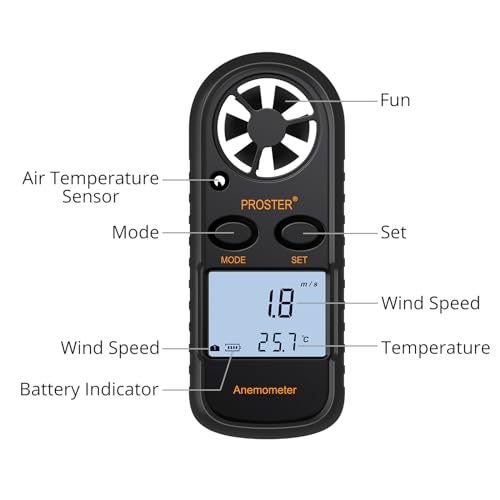 Anemometer Digital LCD Windgeschwindigkeitsmesser Luftdurchsatz Geschwindigkeitsmessung Thermometer mit Hintergrundbeleuchtung für RC Drohnen Helikopter Windsurfen Drachen Fliegen Segeln etc.